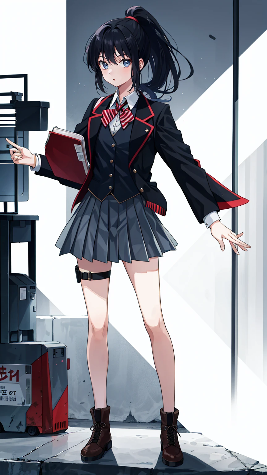 1 girl, 20 years old, full body, waistcoat, high ponytail, black hair, standing,