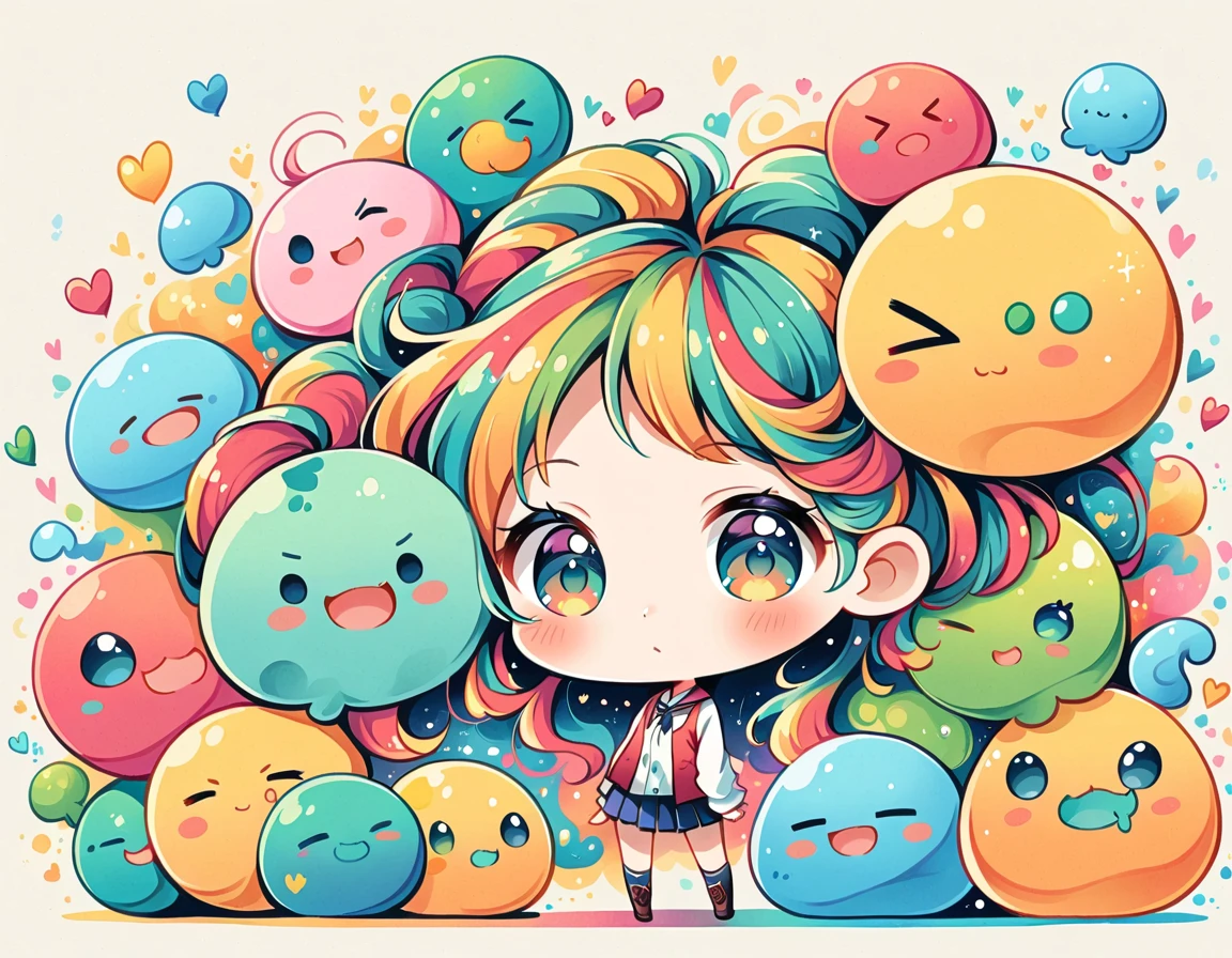 Mai Yoneyama style, Simple Line Initialism，Abstract art，Urban Background, colorful hearts ,(((The most beautiful girl of all time))), (((chibi))), (((Cute amoeba))), school room
