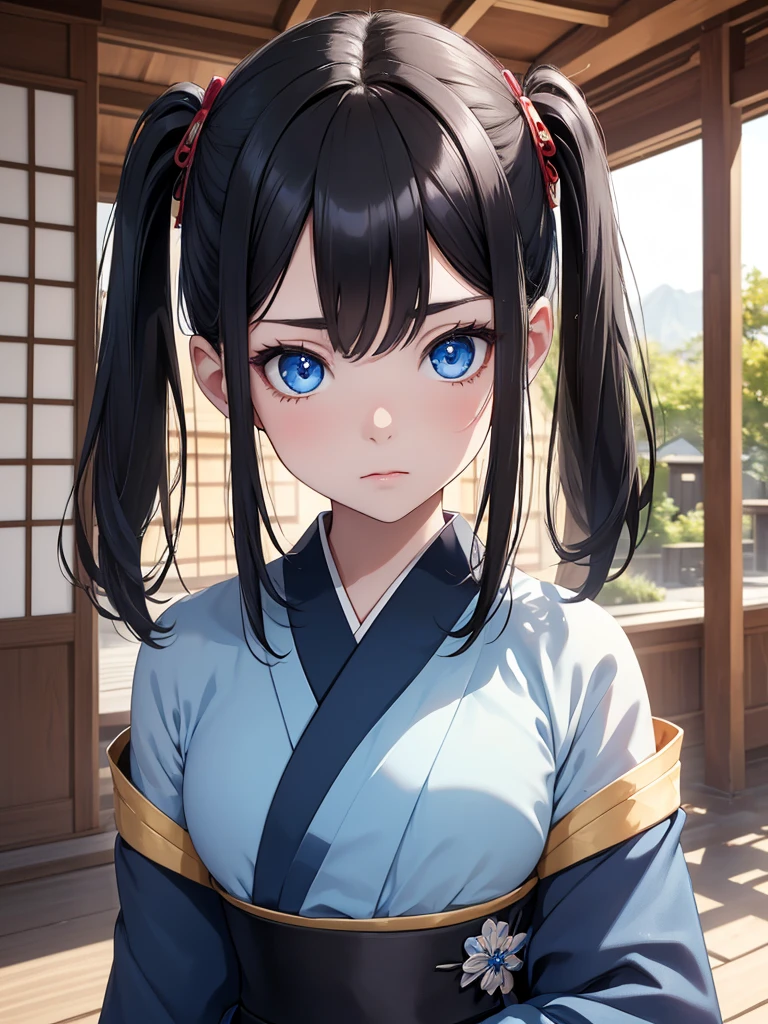 (8K, Best Quality, Masterpiece, Ultra High Resolution) 1 Girl, , Young, Beautiful Eyes, Face Details, Jet Black Hair, Pigtails, Blue Eyes, Pale Skin, Blue Kimono, Traditional Japanese Home, Best Quality, Upper Body, Looking at the Viewer, Facing Viewer, Close Up