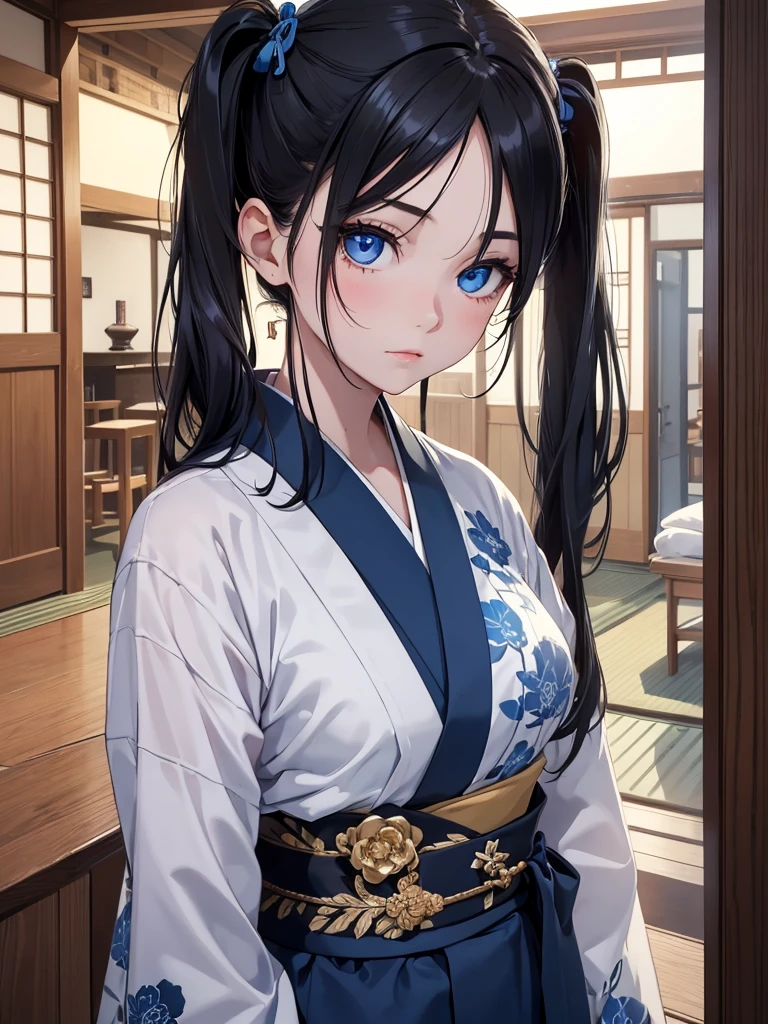 (8K, Best Quality, Masterpiece, Ultra High Resolution) 1 Girl, Teen, Young, Beautiful Eyes, Face Details, Jet Black Hair, Pigtails, Blue Eyes, Pale Skin, Blue Kimono, Traditional Japanese Home, Best Quality, Upper Body, Looking at the Viewer, Facing Viewer, Close Up