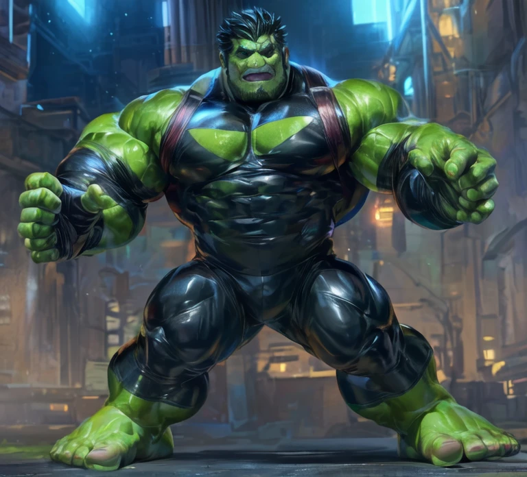 a close up of a cartoon character with a green and black rubber-outfit, hulk body type, hulking,incredible hulk, hulkish, hulk like physique, hulk, this character has musclebound and hulking, the hulk, the strongest superhero, manly monster tough guy, green doom guy, incredible hulk,focus on male hulk,focus human face,detal eyes(have pupils),detail face(include nose&mouth),detail body,detail arms&hands(include fingers,5 fingers),detail upper-body&lower-body,detail legs&feet,art by takahirosi,4k,high res,2d animation