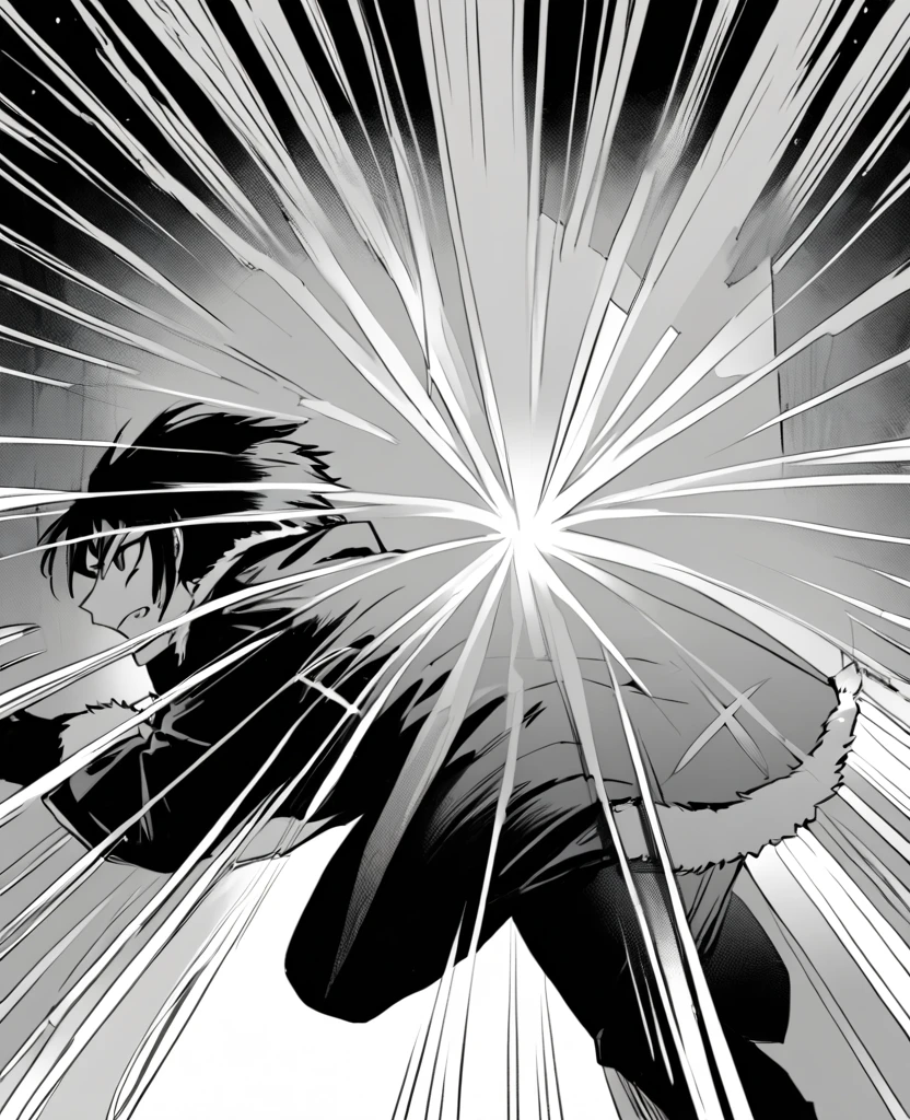 yuto-sano, 1boy, Kaneki, black hair, black suit, black long sleeves, fur coat, elegant, monochrome, solo, greyscale, action, dynamic, action pose