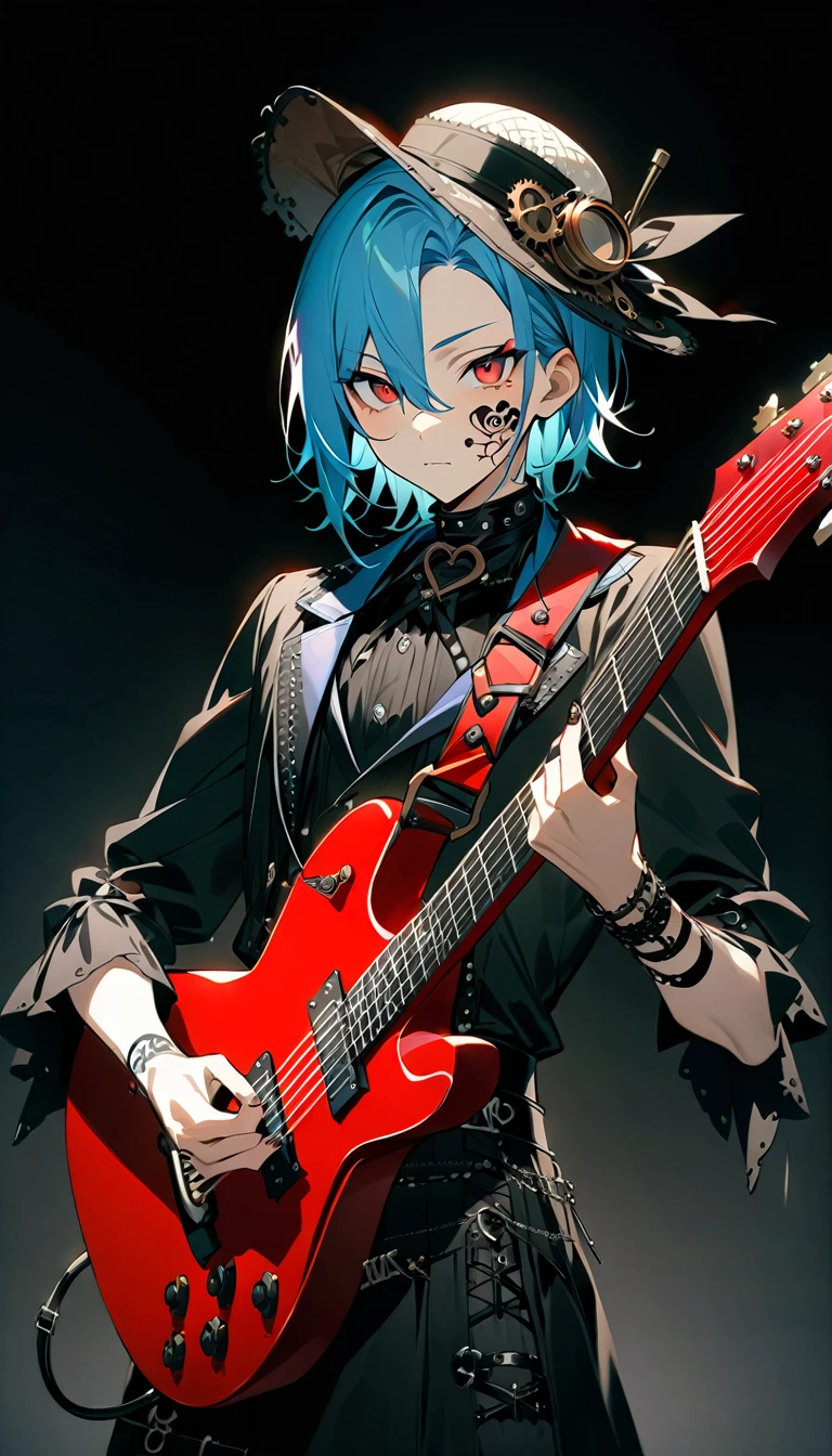 (((masterpiece,Highest quality))),((A male anime character with long blue hair and red eyes wearing a visual kei outfit and holding a guitar)),((Steampunk-style electric guitar)),((Steampunk-style electric guitarを持って立っている)),(((silk hat,Tattoo on the right side of the face,))),(((Black Background))),Focus on the whole body,(high quality),アニメ