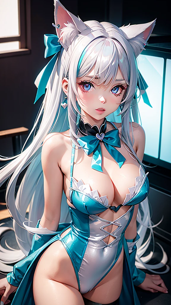 Silver hair, pink eyes, body, cat ears, sexy girl, earrings, heart background fantasy, teal blue uniform, hair bow