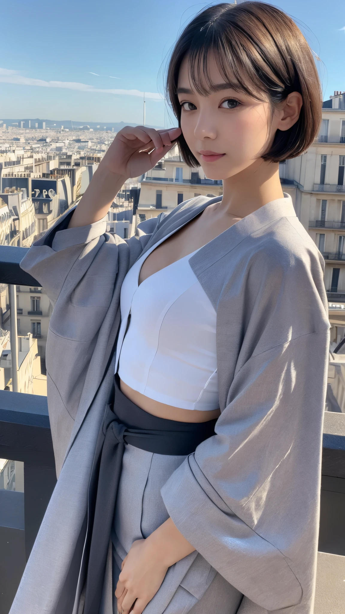 (Highest quality, 16K, masterpiece: 1.3)), 1 Girl, Sharp focus: 1.2, Beautiful woman with perfect figure: 1.4, Slim Abs: 1.2, (((Short Bob Hair)), ((small: 1.4)), ((Beautiful Face Idol: 1.3)), (Transparent fabric kimono 1.5)), Highly detailed face and skin texture, Fine grain, double eyelid, (((stop temporarily)), (Fascinating)), walking, Paris cityscape, Low - Angle, Shooting from below