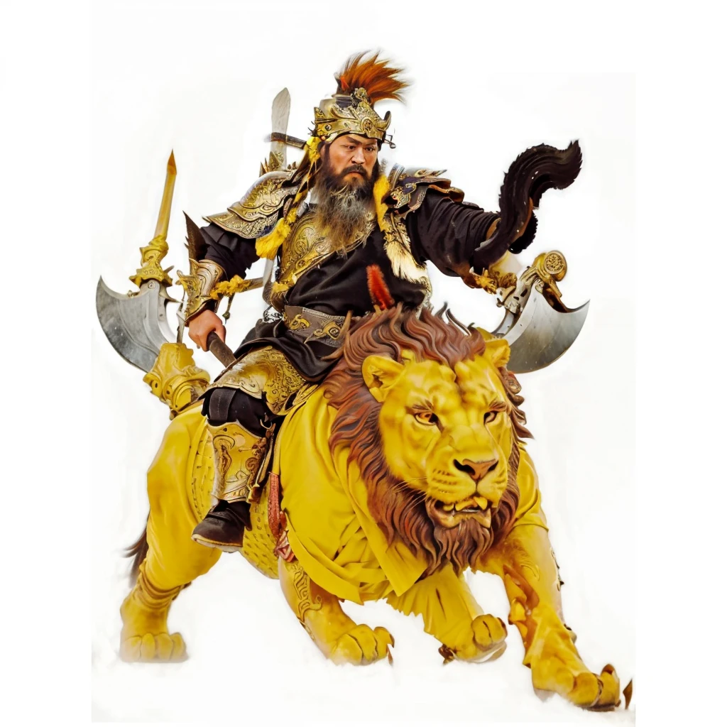 a wild beard ancient chinese warrior with armour holding 2 axes, riding on a lion looked monster, black robe,Gourd on the back，tusk on the lion, 
