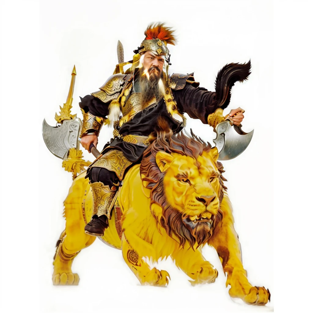 a wild beard ancient chinese warrior with armour holding 2 axes, riding on a lion looked monster, black robe,Gourd on the back,tusk on the lion,
