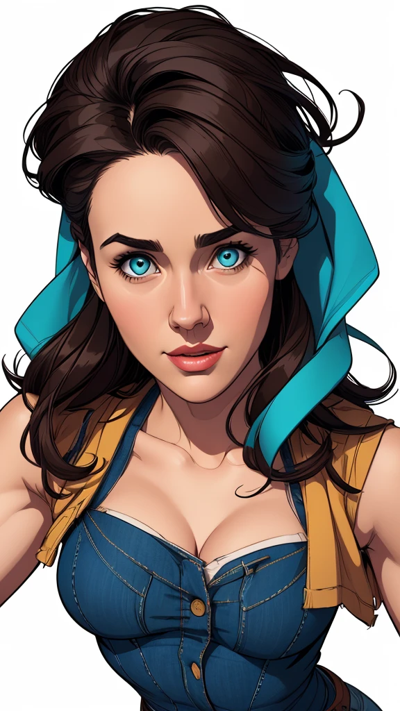 cartoon style:1.2), Brazilian cartoon image of a woman , sensual clothes , super cute girl, authoritarian would be facial expressioncartoon style illustration, cartoon art style, cartoon art style, digital illustration style, highly detailed character design, cute detailed digital art, City fan art, portrait character design, beautiful digital illustration, high-quality portrait, comic book art, character design portrait, white background Buso without clothes and medium breasts, beautiful and symmetrical body curvesJennifer Connelly , , white bra, green vest, sleeveless, へそ, blue jeans, Brown boots, gloves fingerless, short gloves, slightly-smile, shorth hair, wavy hair, parted bangs, blue colored eyes, wart under the right eye, old american west, sunny desert background, waist belt, best quality, Obra de arte Jennifer Connelly