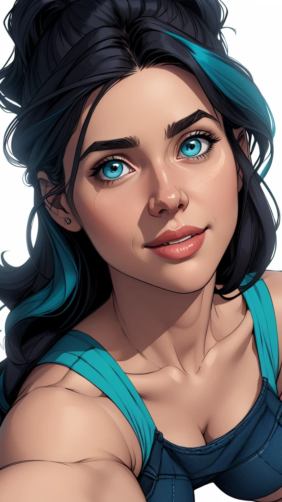 cartoon style:1.2), Brazilian cartoon image of a woman , sensual clothes , super cute girl, authoritarian would be facial expressioncartoon style illustration, cartoon art style, cartoon art style, digital illustration style, highly detailed character design, cute detailed digital art, City fan art, portrait character design, beautiful digital illustration, high-quality portrait, comic book art, character design portrait, white background Buso without clothes and medium breasts, beautiful and symmetrical body curvesJennifer Connelly , , white bra, green vest, sleeveless, へそ, blue jeans, Brown boots, gloves fingerless, short gloves, slightly-smile, shorth hair, wavy hair, parted bangs, blue colored eyes, wart under the right eye, old american west, sunny desert background, waist belt, best quality, Obra de arte Jennifer Connelly