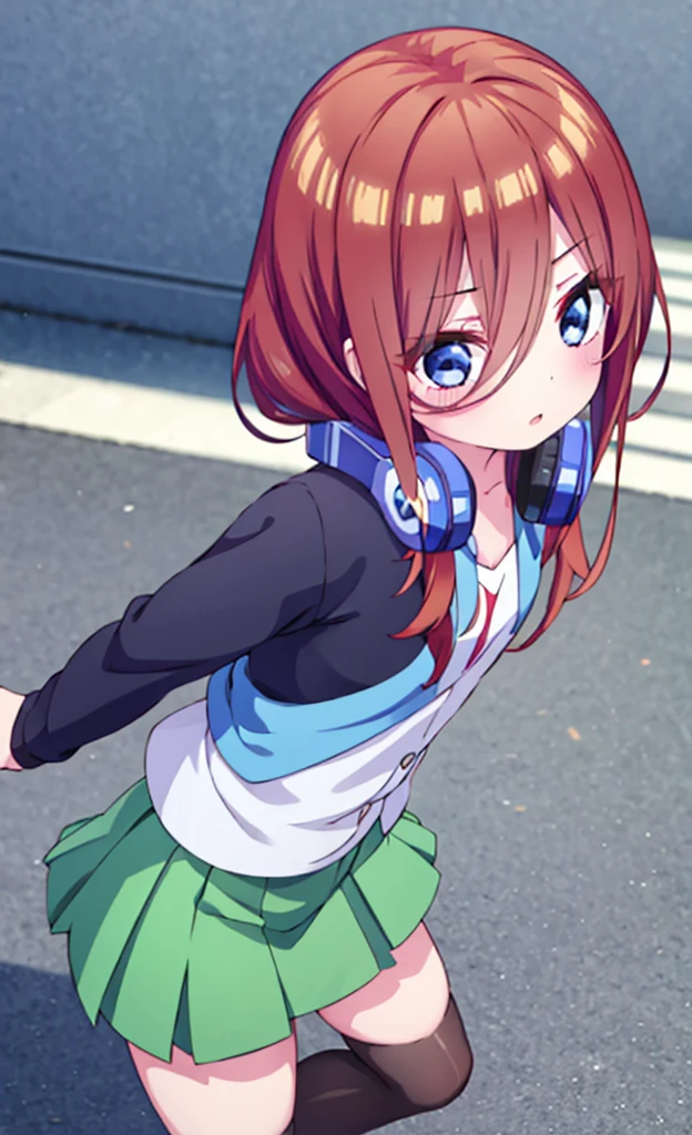 masterpiece,Highest quality,1 Girl,alone,Pokémon-like art style,(bold:1.6),(flat:1.5), miku nakano, Long Hair, bangs, blue eyes, Brown Hair, shirt, Hair between the eyes, Headphones, Headphones AROUND NECK,
skirt, shirt, Long sleeve, WHITE shirt, Black Pantyhose, PLEATED skirt, Black Pantyhose, cardigan, GREEN skirt, BLUE cardigan, loli