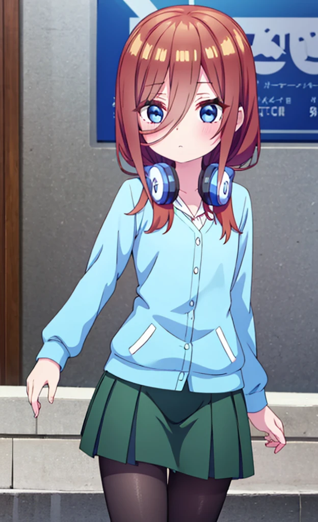 masterpiece,Highest quality,1 Girl,alone,Pokémon-like art style,(bold:1.6),(flat:1.5), miku nakano, Long Hair, bangs, blue eyes, Brown Hair, shirt, Hair between the eyes, Headphones, Headphones AROUND NECK,
skirt, shirt, Long sleeve, WHITE shirt, Black Pantyhose, PLEATED skirt, Black Pantyhose, cardigan, GREEN skirt, BLUE cardigan, loli