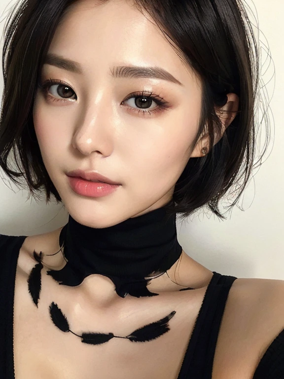 (masterpiece:1.3), (8K, Photorealistic, Raw photo, Best image quality: 1.4)、Face close-up、Portraiture、 Japanese, (One Girl),Sex workers、 Beautiful Face, (A vivid face), (Black-haired, short hair:1.3), Beautiful hairstyle, Realistic eyes, Beautiful Eyes, (Realistic Skin), Beautiful Skin, attractive, Ultra-high resolution, Surreal, High definition, Golden Ratio, Detail Makeup,Seeing the viewer,Laughter,Lower Breast、Black turtleneck sexy underwear、Cleavage
