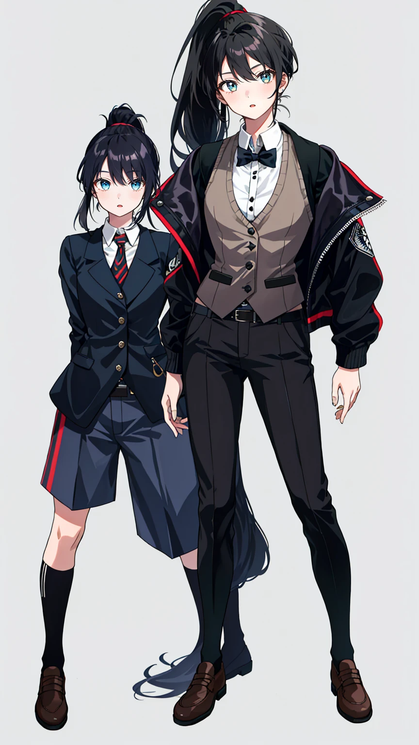 1 girl, 20 years old, full body, waistcoat, high ponytail, black hair, standing,