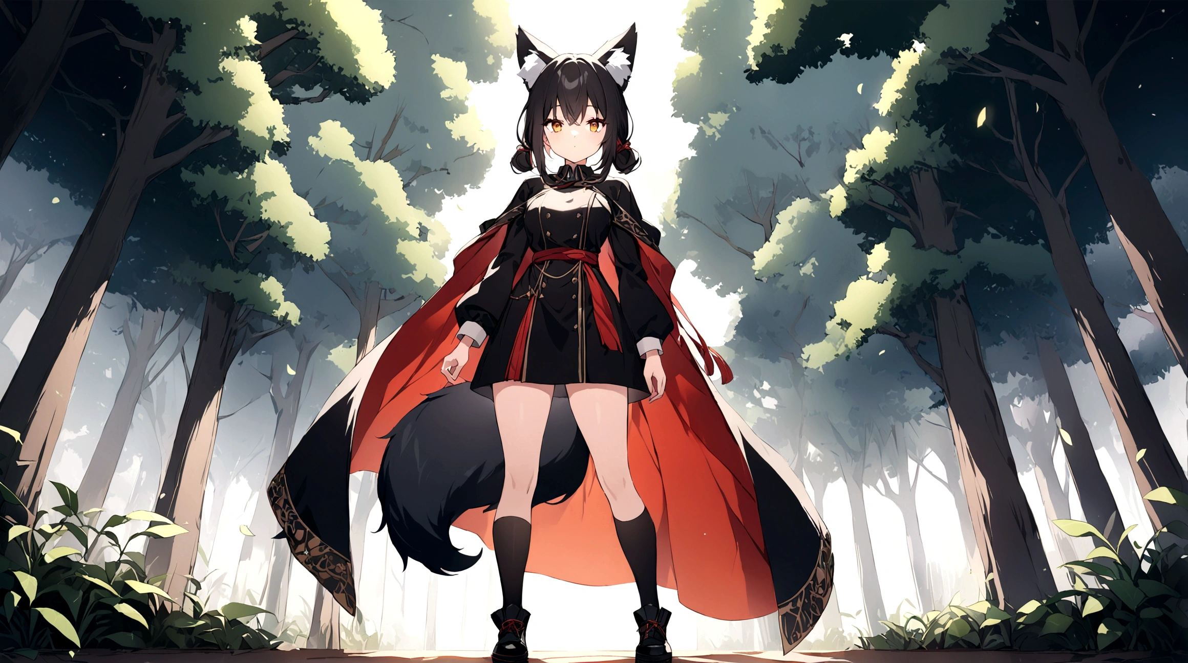 (1girl, Masterpiece, best quality) (detailed and beautiful eyes:1.6) (perfect hands, perfect anatomy) ((full body)) ((Adult)) fox-girl Misaki has ((short black hair styled in a slightly tousled manner and her fox ears are perked up attentively.)) (She wears a black leather coat and cloak adorned) Her outfit includes a (high-collared adventurer medium dress with red accents and leather straps, emphasizing a combination of practicality) and elegance. She has a black fluffy fox tail. She has a black over-to-knee socks. Misaki's orange eyes exude a sense of mystery and confidence. Light filtering through the leaves create a serene yet enigmatic atmosphere. Her standing positon showcases her strength, adultness and readiness for battle.
