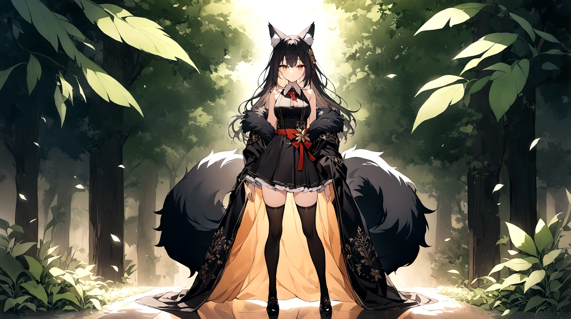 masutepiece, High quality, Best Quality, Beautiful, hard disk, Perfect Lighting, Detailed face, Detailed body,full body Esbian、standing in the forest、Solo, (black wavy long hair), Black eyes, Colossal tits、 Black dress with complex pattern, (Gray wolf hat), Accessories with complex modeling