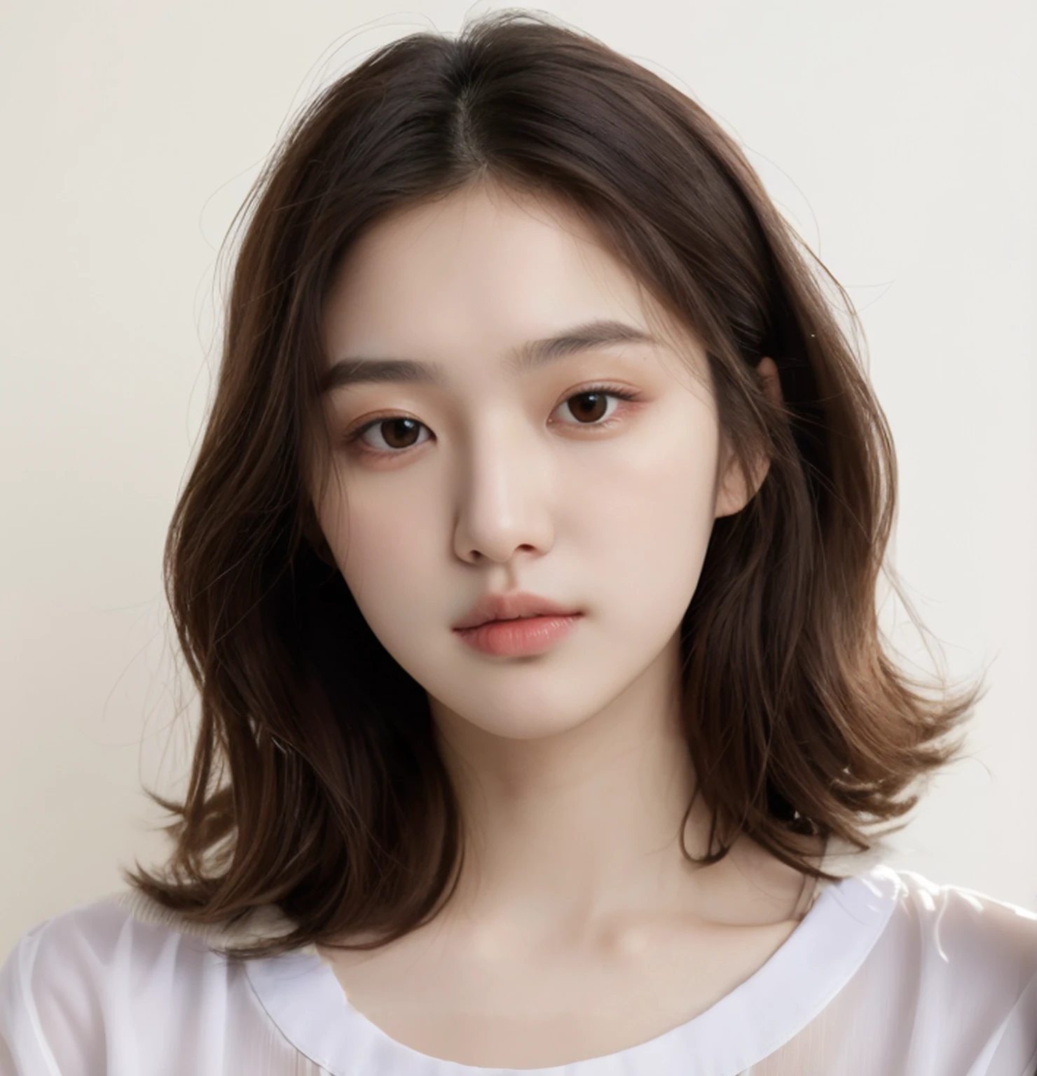 Best Quality, 8k, Masterpiece, (Portrait: 1.3), (photo realistic:1.4), (hyper realistic:1.4), Sharp Focus, looking at viewer, (smoother lighting:1.1), (increase cinematic lighting quality:0.9), realistic lighting, backlighting, light on face, ray trace, (brightening light:1.2), (Increase quality:1.4), sharp detail, (best quality real texture skin:1.4), finely detailed eyes, black_eyes, finely detailed face, 25 year old Korean woman, (white formal_shirt:1.4), (Create an image maintaining the original base model hairstyle:1.5)