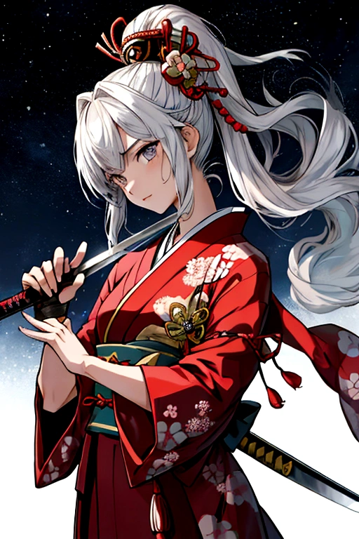 A style that combines traditional Japanese beauty with modern sensibilities.、A powerful and fantastical image。Fearless revolution and anti-war nation、Themes such as Samurai Warriors for Boys and Girls、starの光が描く歴史の物語。Elements of Sum、Boys and girls in Japanese combat uniforms in front、Holding a sword、たくさんのstar々and its shadow,night、star々、流star、Pose of fighting with a sword