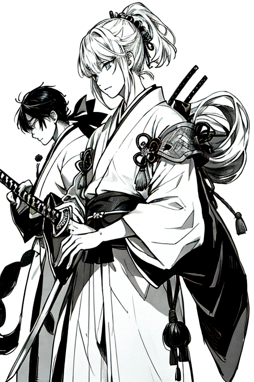A style that combines traditional Japanese beauty with modern sensibilities.、A powerful and fantastical image。Fearless revolution and anti-war nation、Themes such as Samurai Warriors for Boys and Girls、starの光が描く歴史の物語。Elements of Sum、Boys and girls in Japanese combat uniforms in front、Holding a sword、たくさんのstar々and its shadow,night、star々、流star、Pose of fighting with a sword