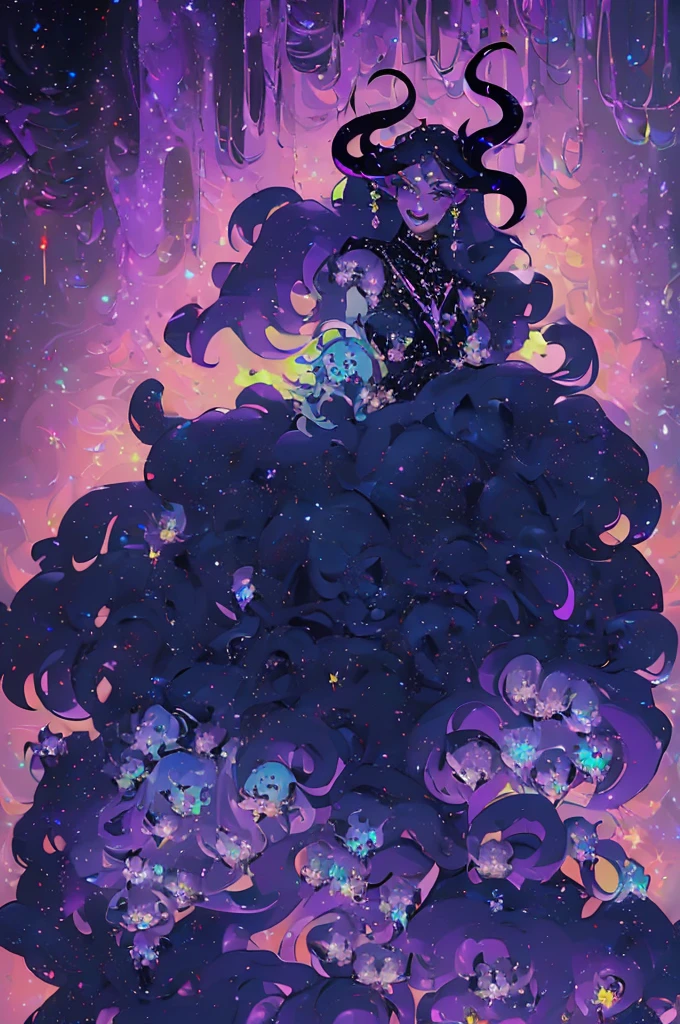 Full body, A beautiful dragon humanoid woman with space white hair fading into dark blue and purple hair, night sky hair, blurple hair, Golden scales on the face and shoulders, Anime, 4k, Beautiful woman with a golden dragon tail and horns, Space hair, Floating in space, Vintage space Attire, floating through space, dancing, havign fun, Space Witch, Witch, Older woman, Toned physique, long hair with side bangs, humanoid face with scales, human with dragon horns and tail, witch outfit, body suit, wearing black, white and gold, blue hair, purple hair, Woman in space sitting at the edge of the universe surrounded by the dark void, Mage space suit, retro space suit, dragoness, mass effect suit, ethereal retro space suit, vintage space suit, space witch, kos-mos space designs, sleeves, dark blue and purple hair, tail coat, witch dress, sorceress sleeves, fantasy, fantasy space outfit, yellow eyes, dragons claw accessory, dragon space boots, dragon feet, dragon thigh boots, crystalized hair, ethereal beauty, golden dragon tail, golden dragon horns, dark lipstick