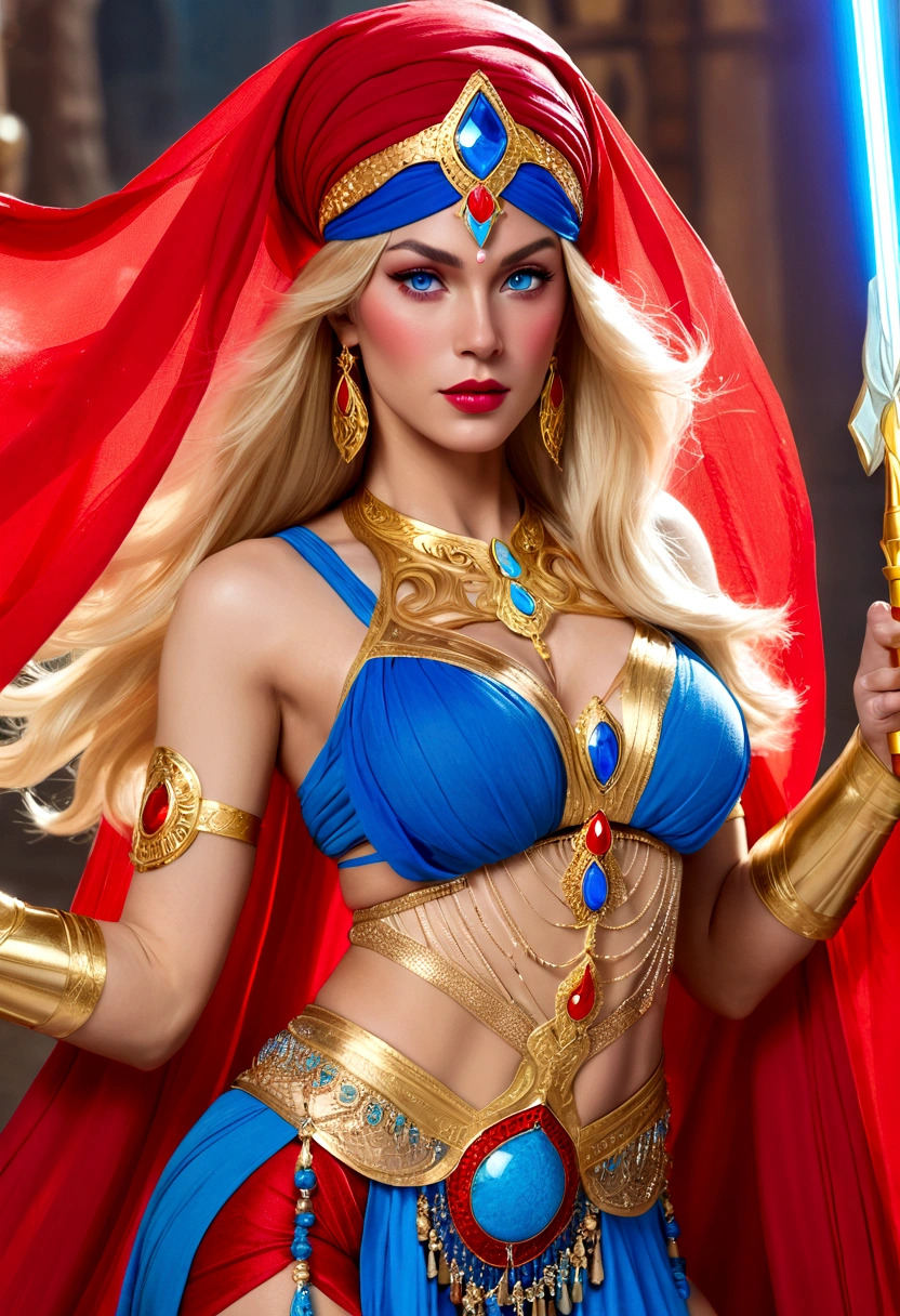 She-Ra with blue turban headdress，She&#39;s wearing a belly dancing skirt，Golden boots，。Long blond hair，blue eyes and red lips。 She holds a laser sword， A red veil covers her face