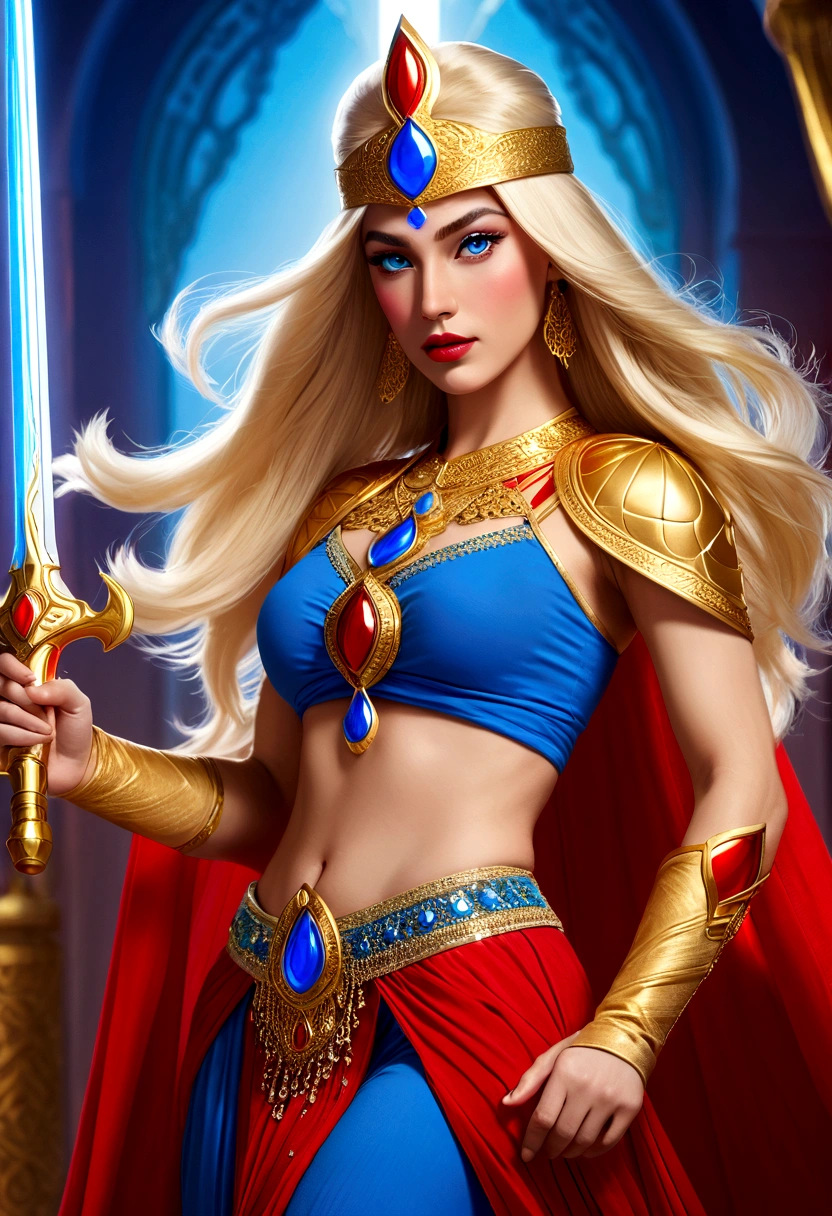 She-Ra with blue turban headdress，She&#39;s wearing a belly dancing skirt，Golden boots，。Long blond hair，blue eyes and red lips。 She holds a laser sword， A red veil covers her face