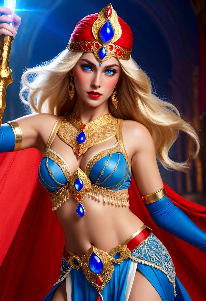 She-Ra with blue turban headdress，She&#39;s wearing a belly dancing skirt，Golden boots，。Long blond hair，blue eyes and red lips。 She holds a laser sword， A red veil covers her face