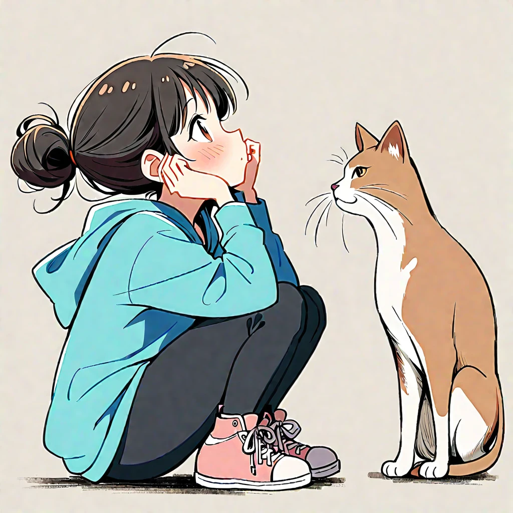 1girl, blush, black hair, long sleeves, brown eyes, shoes, pants, hood, hair bun, from side, hoodie, profile, animal, black pants, squatting, single hair bun, cat, hood down, sneakers, pink footwear, hands on own face, hands on own cheeks, blue hoodie