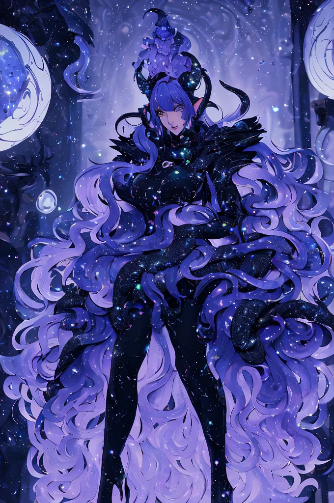 Full body, A beautiful dragon humanoid woman with space white hair fading into dark blue and purple hair, night sky hair, blurple hair, Golden scales on the face and shoulders, Anime, 4k, Beautiful woman with a golden dragon tail and horns, Space hair, Floating in space, Vintage space Attire, floating through space, dancing, havign fun, Space Witch, Witch, Older woman, Toned physique, long hair with side bangs, humanoid face with scales, human with dragon horns and tail, witch outfit, body suit, wearing black, white and gold, blue hair, purple hair, Woman in space sitting at the edge of the universe surrounded by the dark void, Mage space suit, retro space suit, dragoness, mass effect suit, ethereal retro space suit, vintage space suit, space witch, kos-mos space designs, sleeves, dark blue and purple hair, tail coat, witch dress, sorceress sleeves, fantasy, fantasy space outfit, yellow eyes, dragons claw accessory, dragon space boots, dragon feet, dragon thigh boots, crystalized hair, ethereal beauty, golden dragon tail, golden dragon horns, dark lipstick