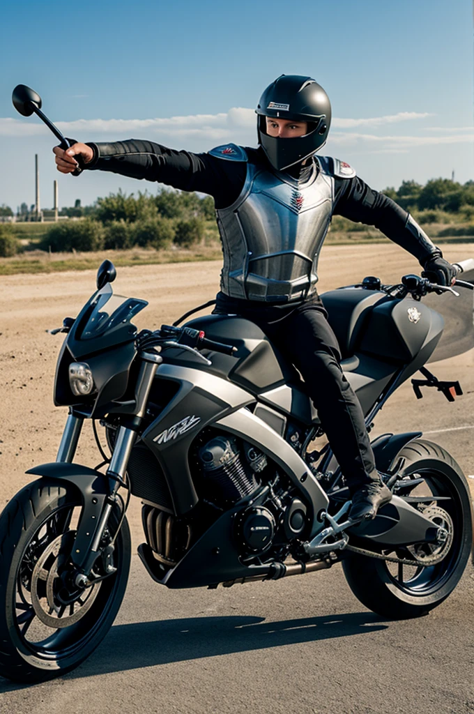 Medieval warrior on sports bike