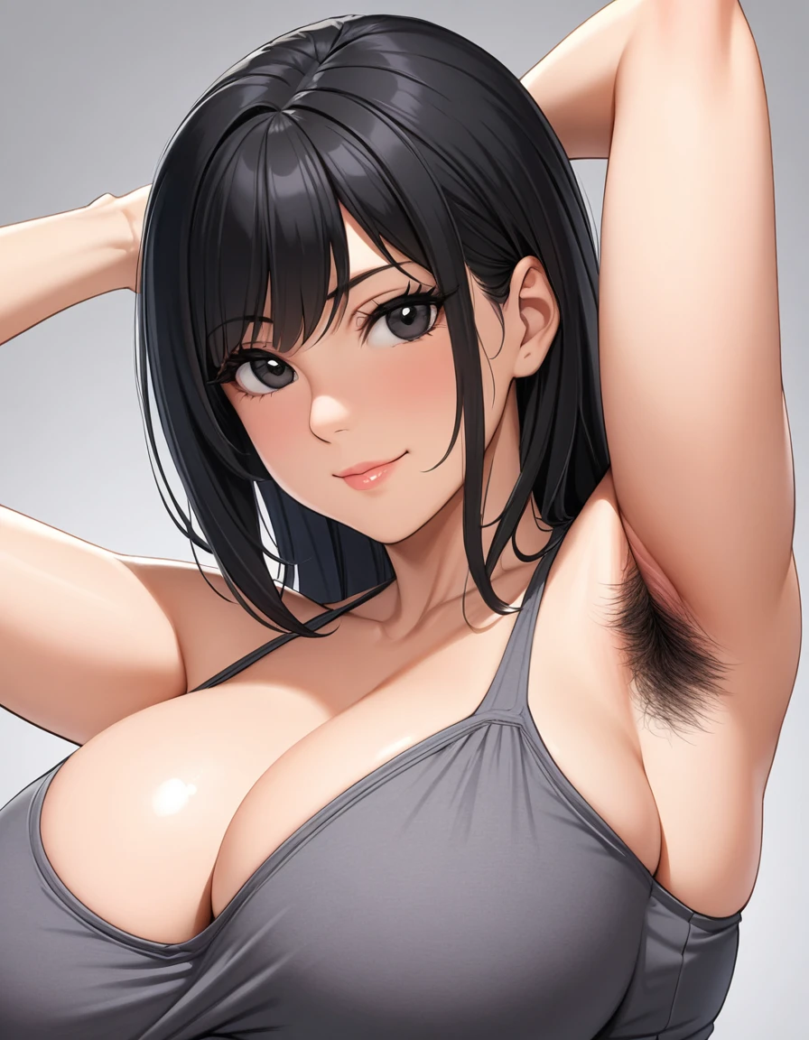 1woman,solo,milf,mature female,medium long hair,black hair,asymmetrical bangs,black eyes,plump,large breasts,armpit,open armpit,armpit focus,armpit hair,