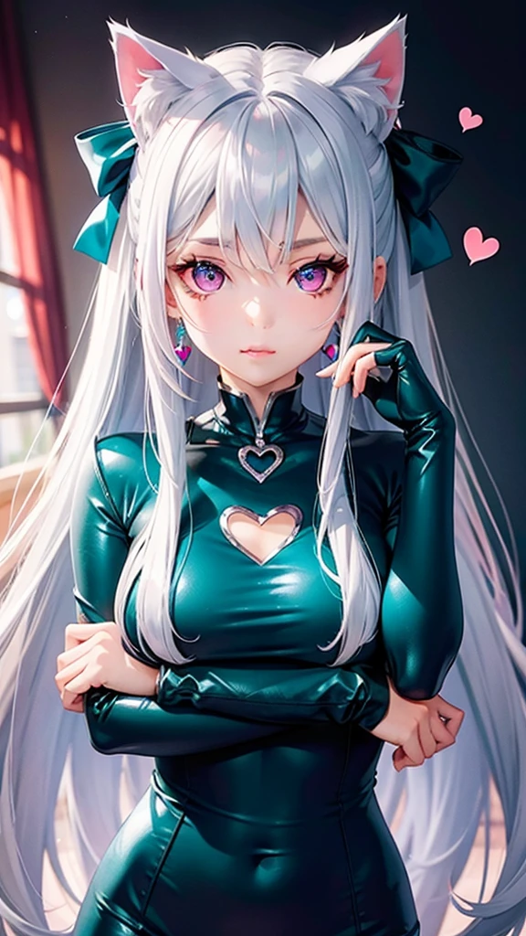 Silver hair, pink eyes, body, cat ears, sexy girl, earrings, heart background fantasy, teal blue uniform, hair bow