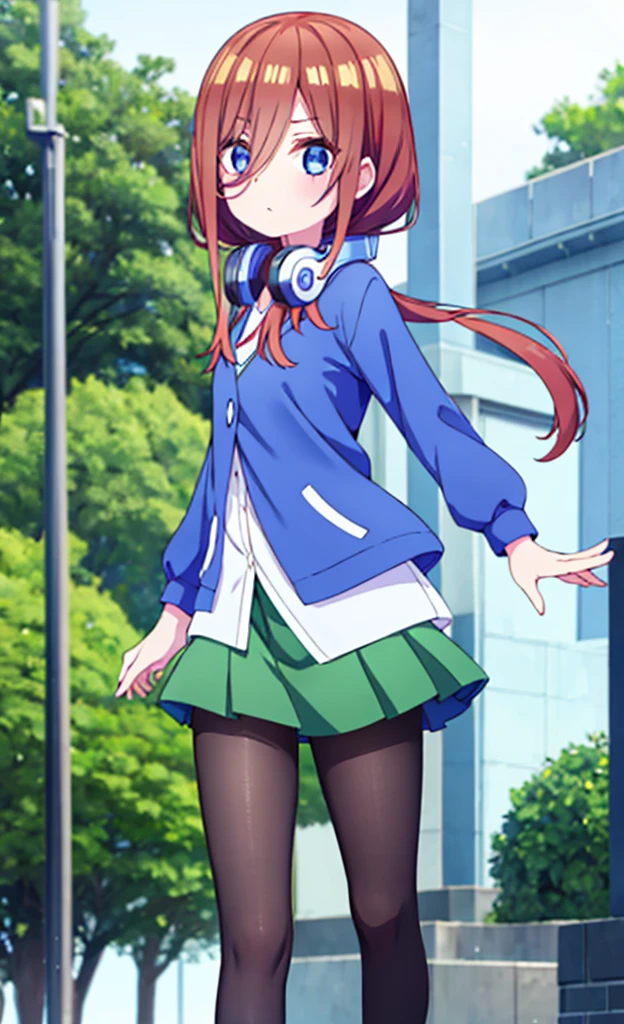 masterpiece,Highest quality,1 Girl,alone,Pokémon-like art style,(bold:1.6),(flat:1.5), miku nakano, Long Hair, bangs, blue eyes, Brown Hair, shirt, Hair between the eyes, Headphones, Headphones AROUND NECK,
skirt, shirt, Long sleeve, WHITE shirt, Black Pantyhose, PLEATED skirt, Black Pantyhose, cardigan, GREEN skirt, BLUE cardigan, , whole body