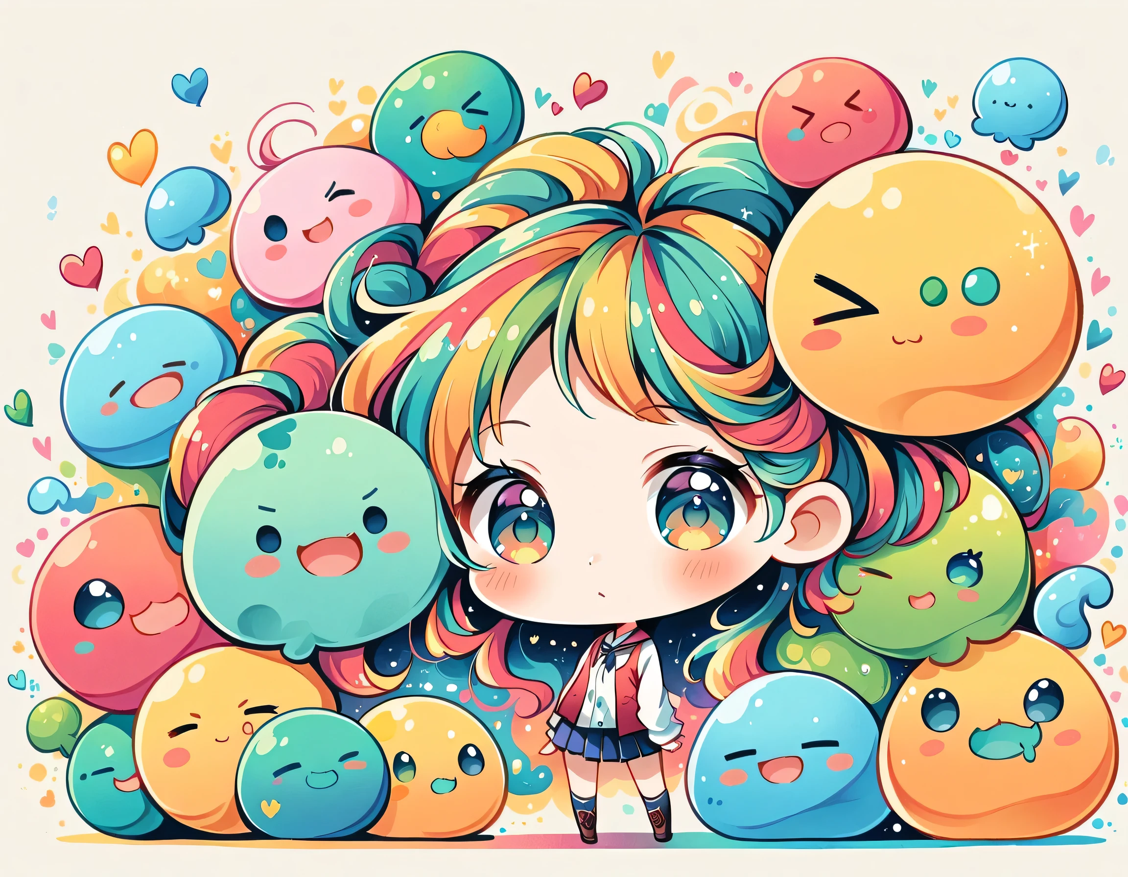 Mai Yoneyama style, Simple Line Initialism,Abstract art,Urban Background, colorful hearts ,(((The most beautiful girl of all time))), (((chibi))), (((Cute amoeba))), school room