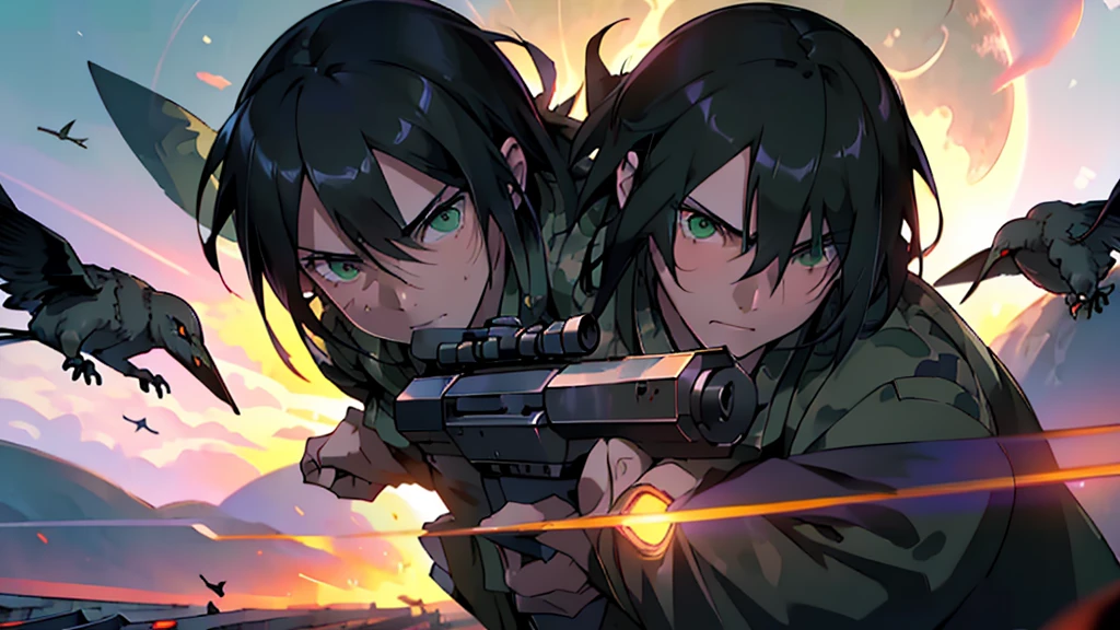 1man, close up, facing viewer, asian, black hair, green eyes, wearing american camo soldier uniform, running, assault rifle, birds, moon, sunset, war torn city, shooting, explosions, absurdres, high res, ultrasharp, 8K, masterpiece, looking at viewer