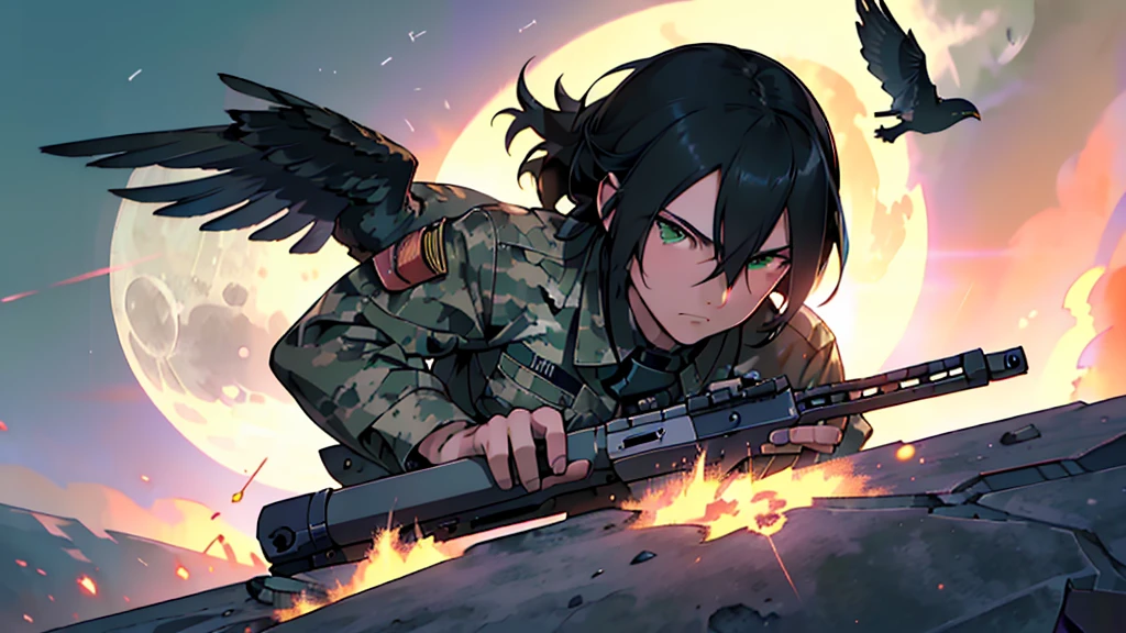 1man, close up, facing viewer, asian, black hair, green eyes, wearing american camo soldier uniform, running, assault rifle, birds, moon, sunset, war torn city, shooting, explosions, absurdres, high res, ultrasharp, 8K, masterpiece, looking at viewer