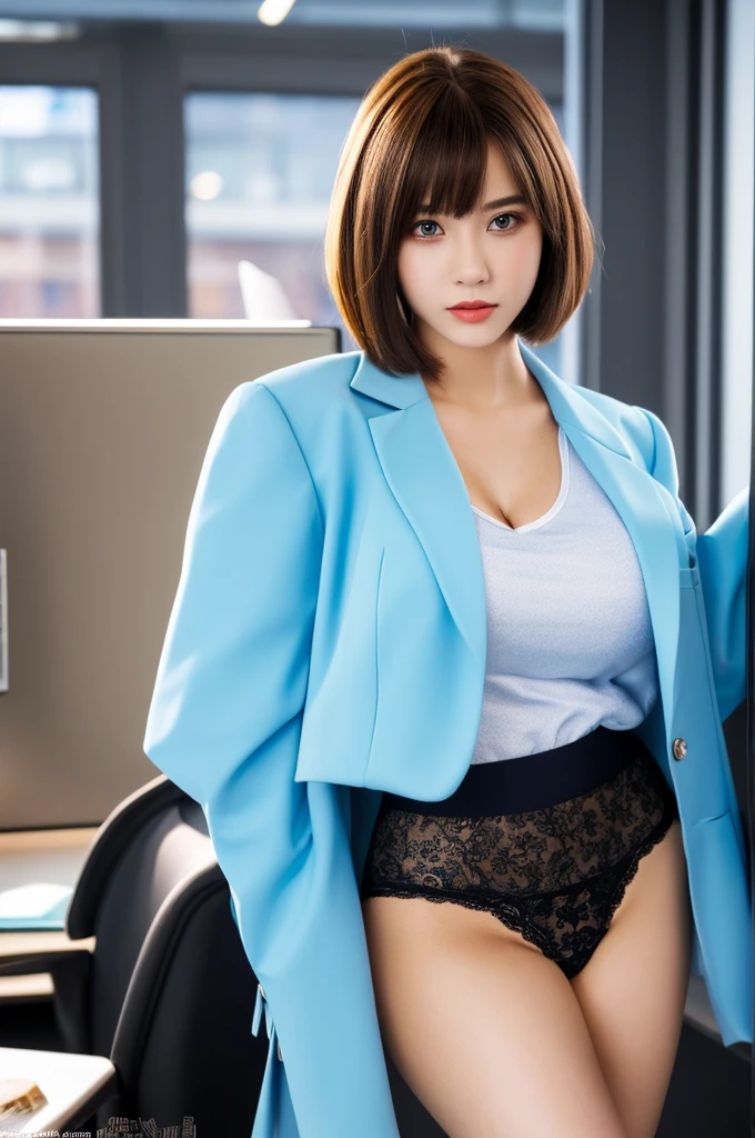 a 19 year old face of the most beautiful actress in the world, the short hair cut of a female is just like male one, the perfect body proportions of a female, whole large breasts of a female are covered by blazer with blouse, panties between bare legs are almost seen thanks to skirt is too short, standing, in the office, nsfw, best quality, highly detailed, masterpiece, ultra high res, photo realistic, 8k