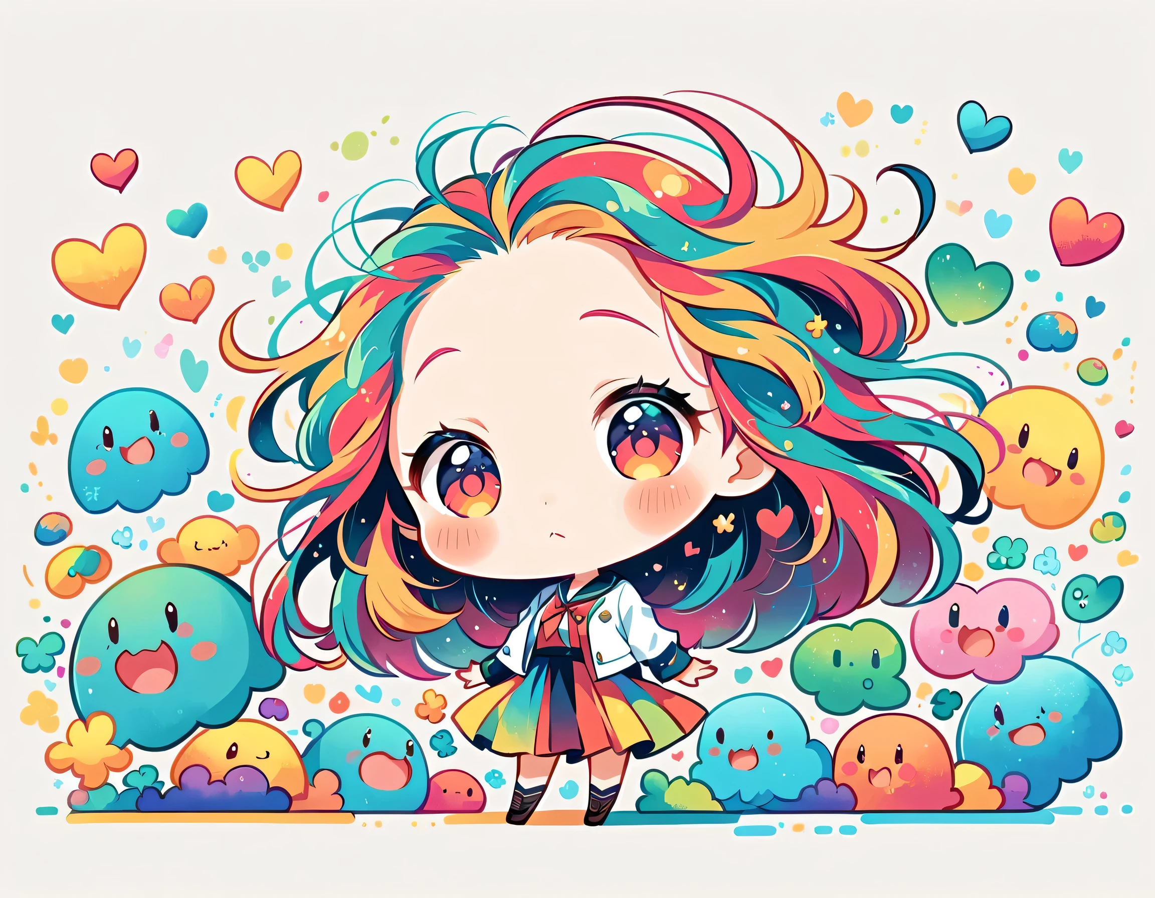 Mai Yoneyama style, Simple Line Initialism,Abstract art,Urban Background, colorful hearts ,(((The most beautiful girl of all time))), (((chibi))), (((Cute amoeba))), school room