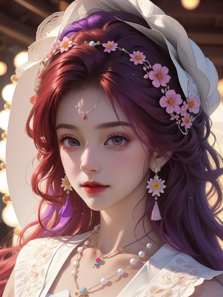 best quality, masterpiece, High target, There is a girl with a basket of flowers on her head, beautiful clothes, Hair Decorationss, necklace, Decorations, Pretty Face, When the body, Tyndall effect, Realistic Portraits, Edge lighting, Two-color light, (Very delicate skin:1.2), 8K uhd, Digital SLR Camera, Soft Light, high quality, Volumetric Lighting, Honest, photo, high resolution, 4K, 8K, Bokeh, Red Hair,purple hair ends,cartoon.