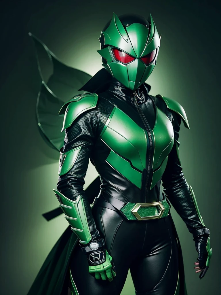 1 teenage girl. Slim body. Girl Kamen rider. Basilisk styled kamen rider. Green and black female kamen rider suit. Basilisk styled full face kamen rider helmet. No face exposed. No hair exposed. Kamen rider belt. Standing pose. Green light background.