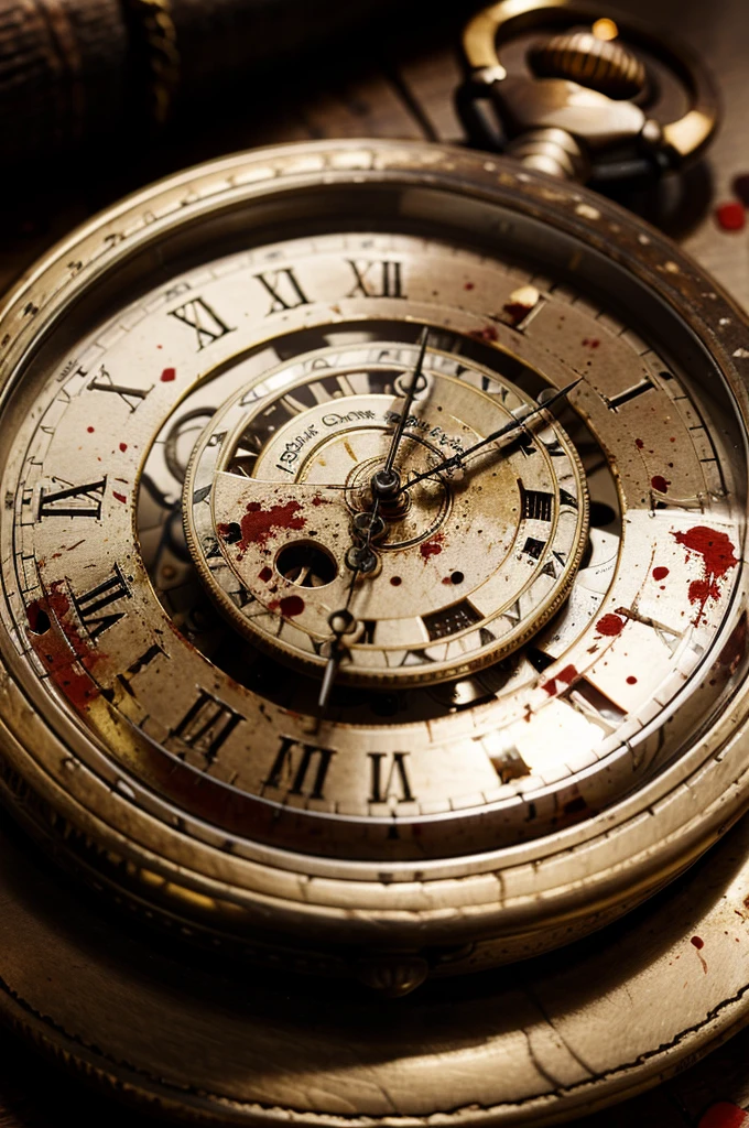 A view of a classic pocket watch on a table with blood splattered around it