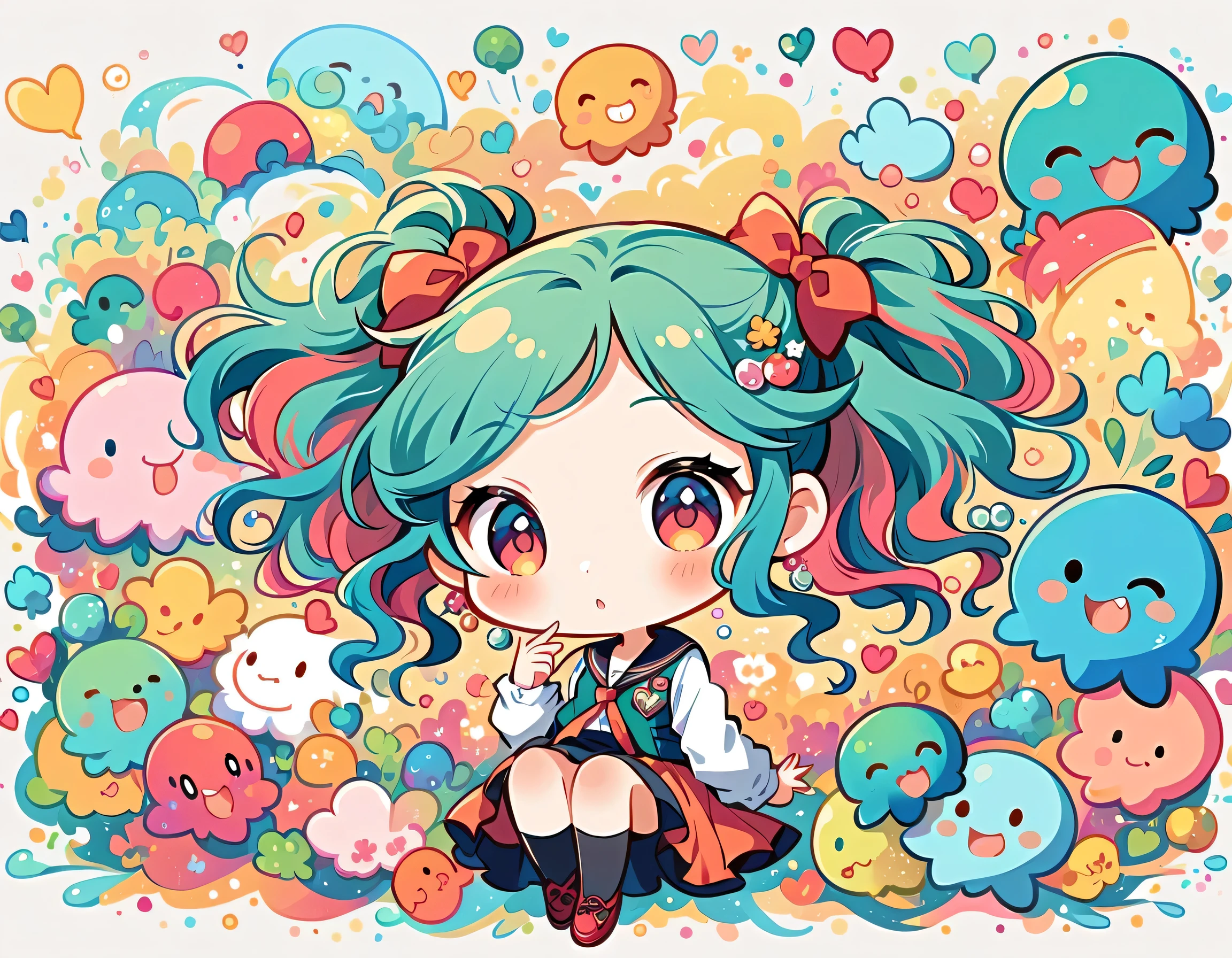 Mai Yoneyama style, Simple Line Initialism,Abstract art,Urban Background, colorful hearts ,(((The most beautiful girl of all time))), (((chibi))), (((Cute amoeba))), school room