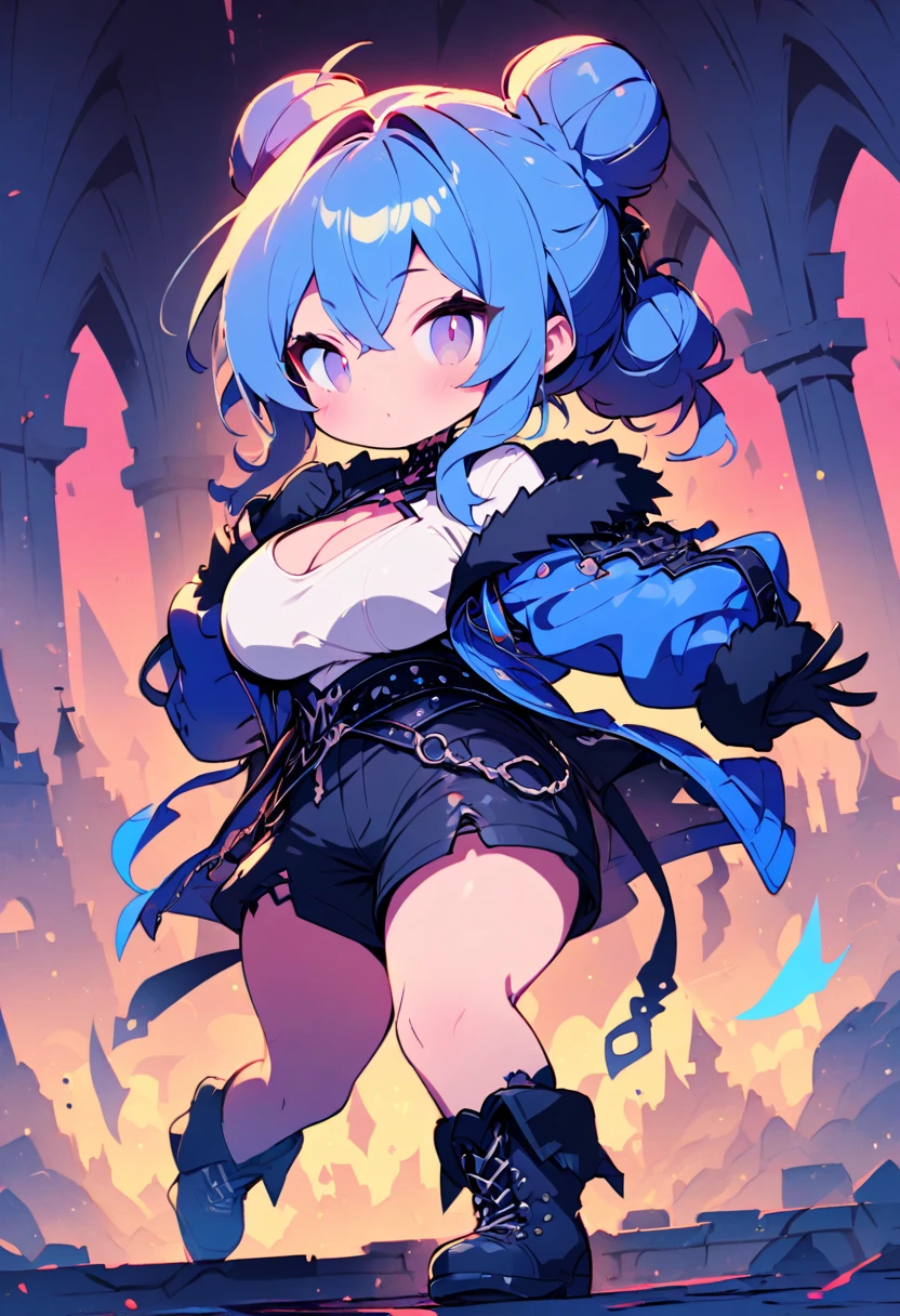 best quality,4k,8k,highres,masterpiece:1.2),ultra-detailed, extremely detailed eyes, extremely detailed body, (large masterpiece digital art), (detailed manga illustration), (detailed line art), ((perfect anatomy)), (intricate details:1.3), (ultra-detailed:1.3), (illustration:1.3), (sharp focus:1.3), (natural lighting:1.05), (vivid colors:1.3), (masterpiece), best quality, expressive eyes, perfect face, 1 girl, breasts, cleavage, gloves, large breasts, casual clothes, white shirt, tee shirt, denim jacket, jacket, {blue hair}, medium hair, wavy hair, (gray eyes), hourglass physique, casual outfit, black denim shorts, shorts, dynamic pose, Huge ass, dynamic lighting, beautiful Latin woman, curvy, fur trim, hair bun, black ankle boots, cinematic lighting, heroic atmosphere, Beautiful woman, Atey Ghailan, Jeremy Mann, Greg Manchess, Antonio Moro, trend in ArtStation, trend in CGSociety, Intricate, High Detail, Sharp focus, dramatic and photorealistic painting art by Midjourney and Greg Rutkowski, Marvel Cinematic Universe style, (((mystical gothic castle in the background))),