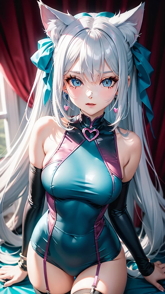 Silver hair, pink eyes, body, cat ears, sexy girl, earrings, heart background fantasy, teal blue uniform, hair bow