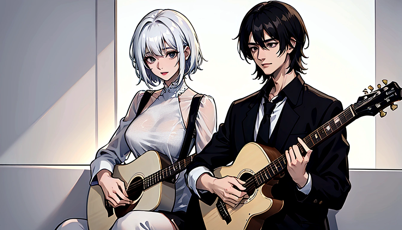 A woman with short hair and her husband hold a guitar in a minimalist white room. ( anime, 8K, High quality) white haired woman,Black-haired man
