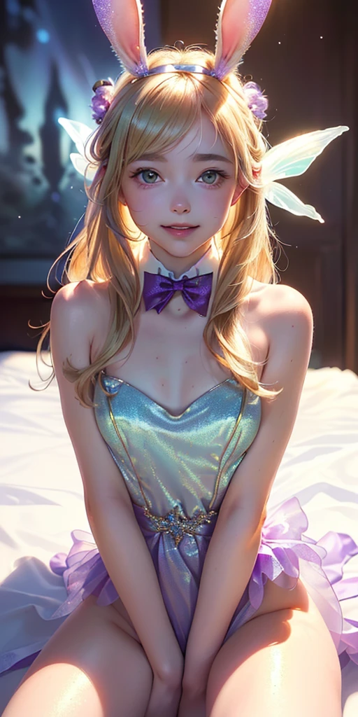 masterpiece, best quality, extremely detailed CG unity 8k wallpaper,((Upper Body)) ,((Upper Body head close-up shot of a beautiful ***********)), , Elegant Long straight blonde hair, (Mckenna Grace), ((flat chest,thighs,Autoluminescence skin)),Transparent (purple-green) golden (Glittering tutu,long Bunny Ear Headgear, , Bow-tie, No panties, genitals visible), ((sitting,spread legs)),(), (Blush), , (seductive smile), (A world of ice and snow), pretty face, key art, award winning, intricate detail realism hdr, by (ruan jia and artgerm and range murata), Photorealism, Hyperrealism, ultra realistic, dramatic light, intense shadows, gorgeous view, depth of field