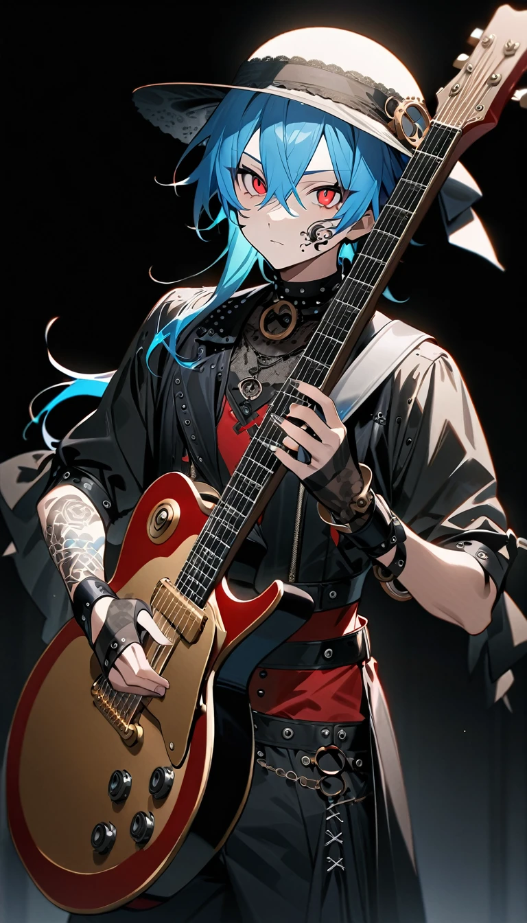 (((masterpiece,Highest quality))),((A male anime character with long blue hair and red eyes wearing a visual kei outfit and holding a guitar)),((Steampunk-style electric guitar)),((Standing with an electric guitar)),(((silk hat,Tattoo on the right side of the face))),(((Black Background))),Focus on the whole body,(high quality),アニメ