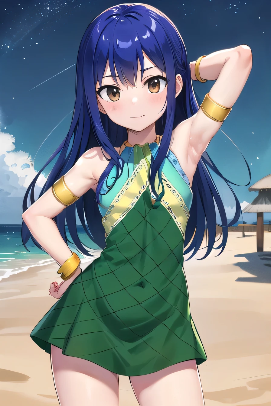 aawendy, masterpiece, best quality, long hair, bare shoulders, green dress, sleeveless dress, armlet, bracelet, looking at viewer, solo, (contrapposto), spread armpit, arm behind head, hand on hip, smile, looking at viewer, (cowboy shot:1.5), closed mouth, night sky, beach, high quality