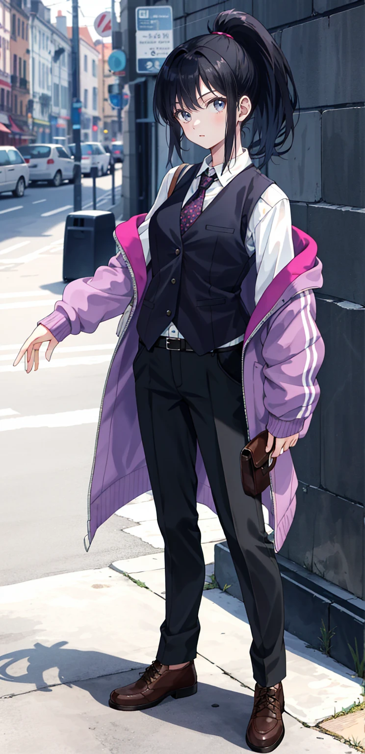 1 girl, 20 years old, full body, waistcoat, high ponytail, black hair, standing,