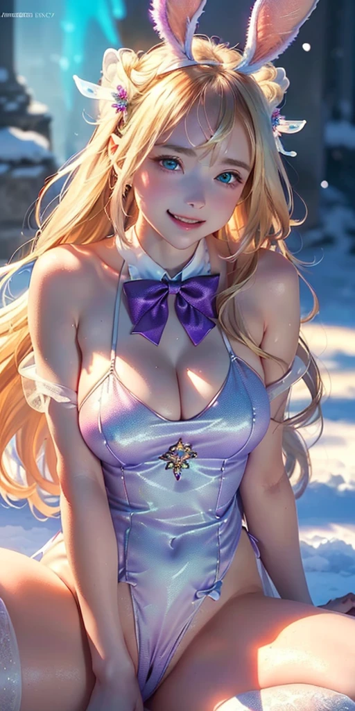 masterpiece, best quality, extremely detailed CG unity 8k wallpaper,((Upper Body)) ,((Upper Body head close-up shot of a beautiful little girl)), , Elegant Long straight blonde hair, (Mckenna Grace), ((gigantic breasts,thighs,Autoluminescence skin)),Transparent (purple-green) golden (Glittering tutu,long Bunny Ear Headgear, , Bow-tie, No panties, genitals visible), ((sitting,spread legs)),(), (Blush), , (seductive smile), (A world of ice and snow), pretty face, key art, award winning, intricate detail realism hdr, by (ruan jia and artgerm and range murata), Photorealism, Hyperrealism, ultra realistic, dramatic light, intense shadows, gorgeous view, depth of field