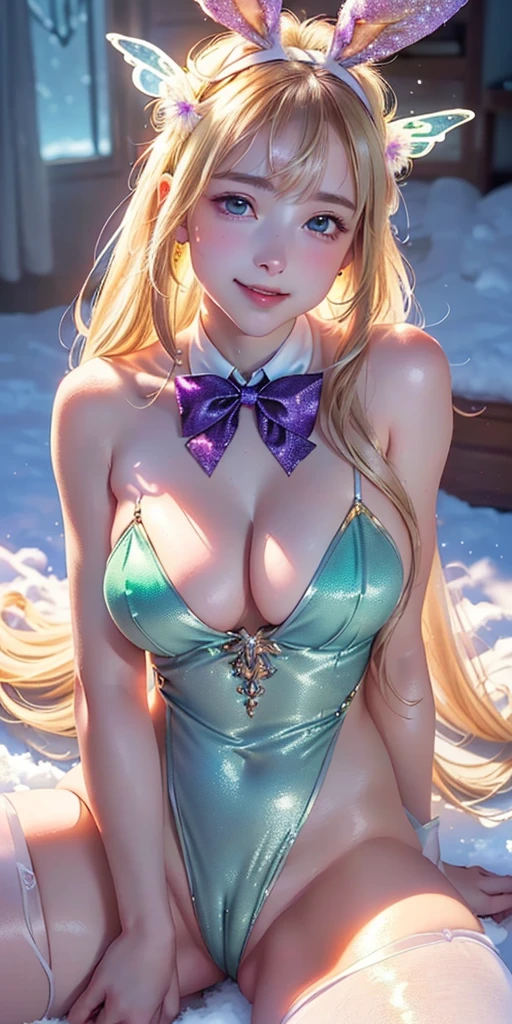 masterpiece, best quality, extremely detailed CG unity 8k wallpaper,((Upper Body)) ,((Upper Body head close-up shot of a beautiful )), , Elegant Long straight blonde hair, (Mckenna Grace), ((gigantic breasts,thighs,Autoluminescence skin)),Transparent (purple-green) golden (Glittering tutu,long Bunny Ear Headgear, , Bow-tie, No panties, genitals visible), ((sitting,spread legs)),(), (Blush), , (seductive smile), (A world of ice and snow), pretty face, key art, award winning, intricate detail realism hdr, by (ruan jia and artgerm and range murata), Photorealism, Hyperrealism, ultra realistic, dramatic light, intense shadows, gorgeous view, depth of field